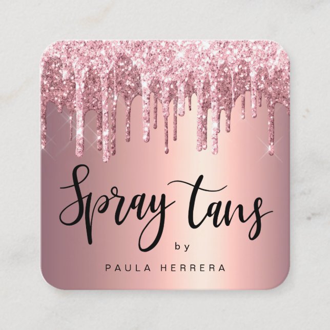 Elegant copper rose gold glitter drips spray tans square business card (Front)