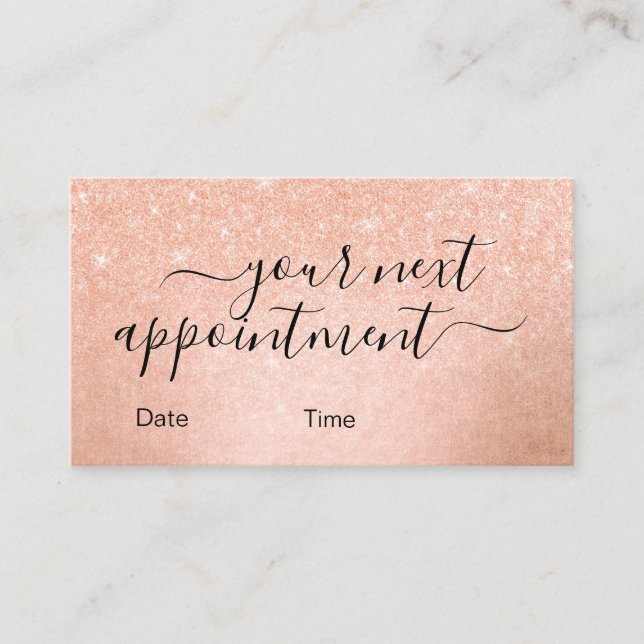 Elegant copper rose gold glitter makeup artist appointment card (Front)