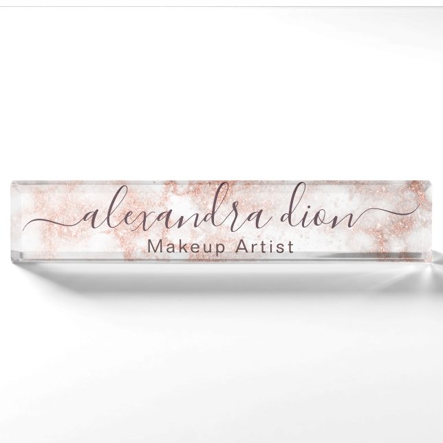 Elegant copper rose gold glitter makeup artist nameplate (Front)