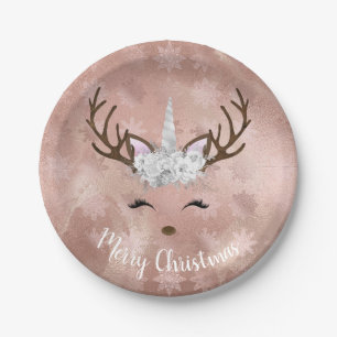 Elegant copper rose gold marble unicorn reindeer paper plate