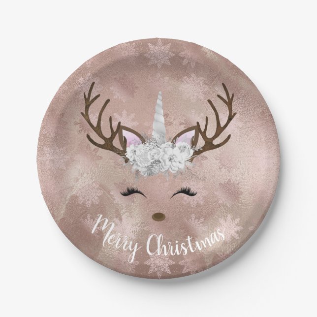 Elegant copper rose gold marble unicorn reindeer paper plate (Front)