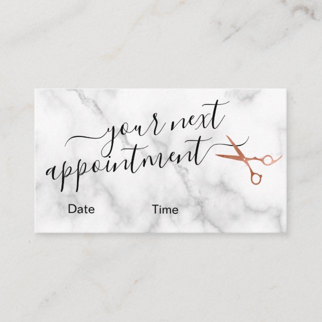 Elegant copper rose gold scissors hairstylist appointment card (Front)