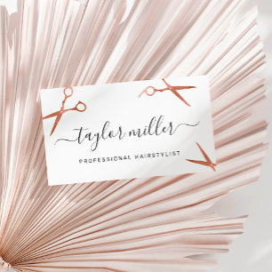 Elegant copper rose gold scissors hairstylist business card