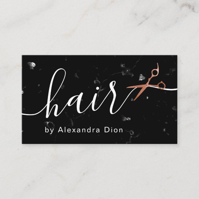 Elegant copper rose gold scissors hairstylist business card (Front)
