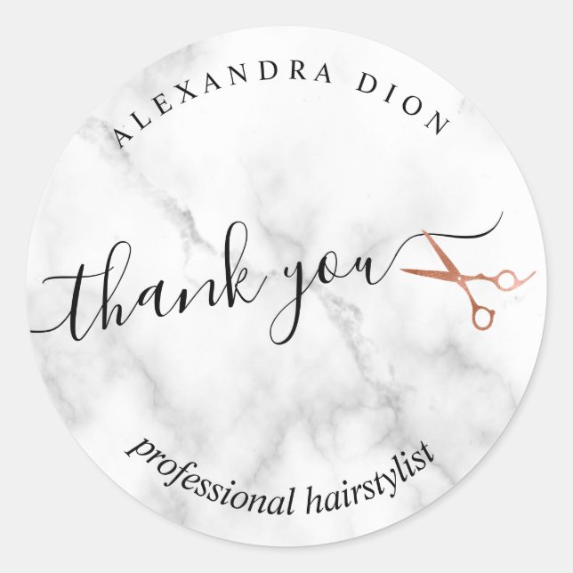 Elegant copper rose gold scissors hairstylist classic round sticker (Front)