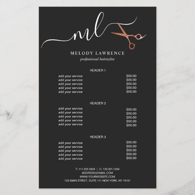 Elegant copper rose gold scissors hairstylist flyer (Front)