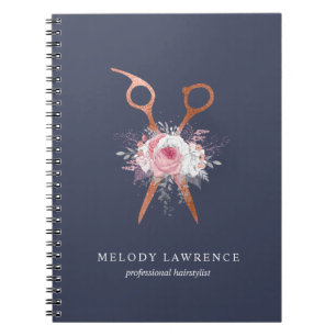 Elegant copper rose gold scissors hairstylist notebook