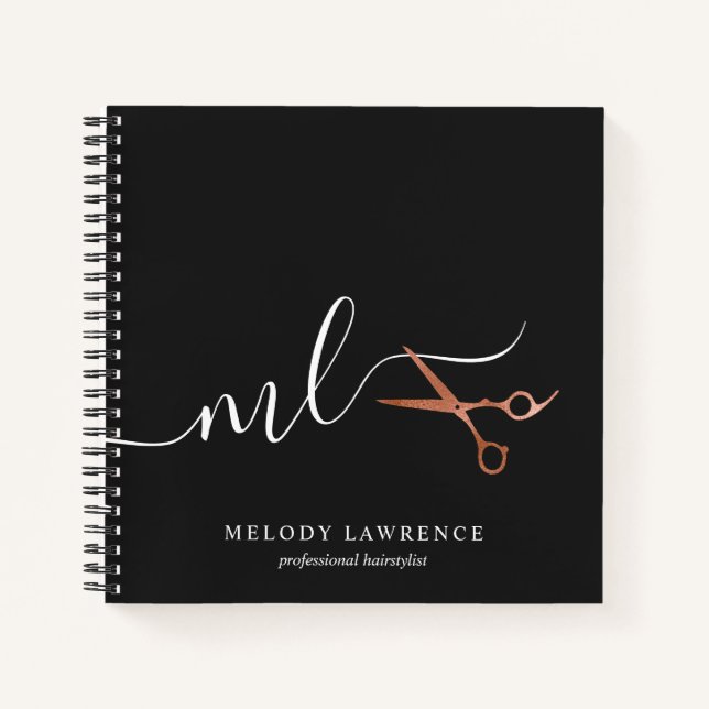 Elegant copper rose gold scissors hairstylist notebook (Front)