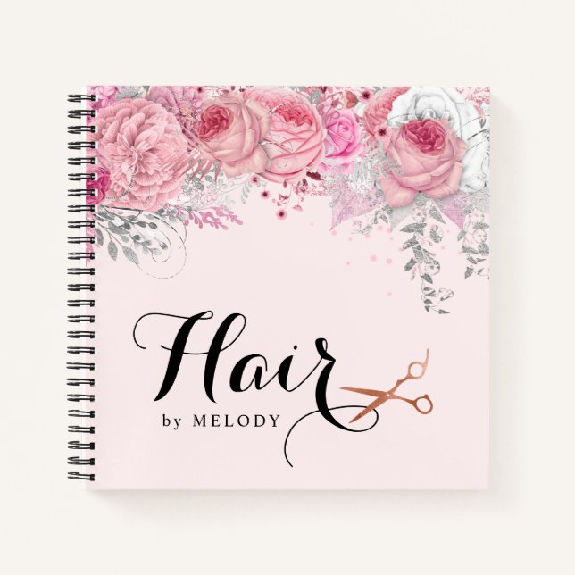 Elegant copper rose gold scissors hairstylist notebook (Front)