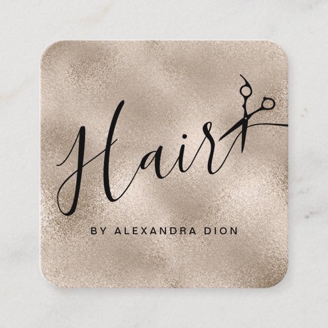 Elegant copper rose gold scissors hairstylist square business card (Front)