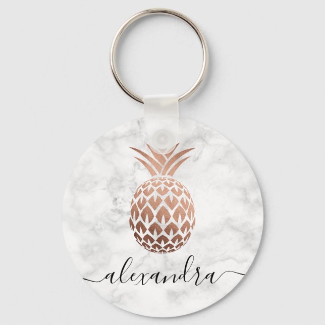 Elegant copper rose gold white marble pineapple keychain (Front)