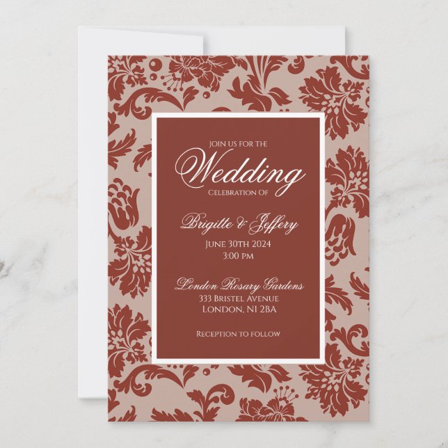 Elegant copper rust damask wedding invitation (Front)
