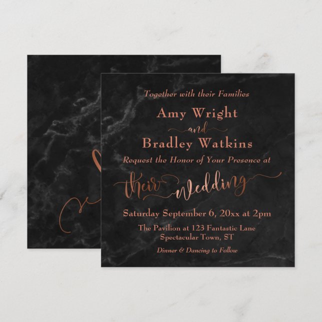 Elegant Copper Script w/ Black Marble | Wedding Invitation (Front/Back)