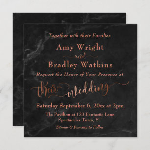 Elegant Copper Script w/ Black Marble   Wedding Invitation