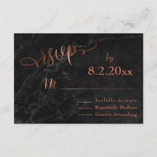 Elegant Copper Script w/ Black Marble Wedding RSVP Card