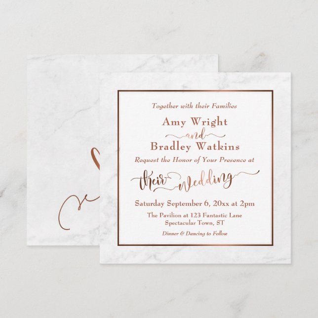 Elegant Copper Script w/ White Marble | Wedding Invitation (Front/Back)