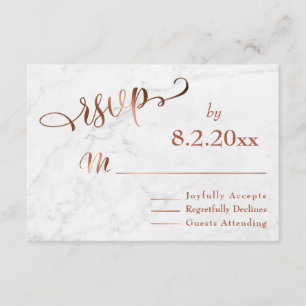 Elegant Copper Script w/ White Marble Wedding RSVP Card