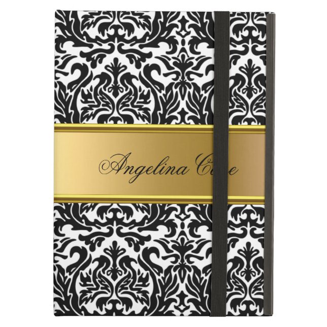 Elégant Coque noir blanc Damask Gold ajouter Nom (Devant fermé)