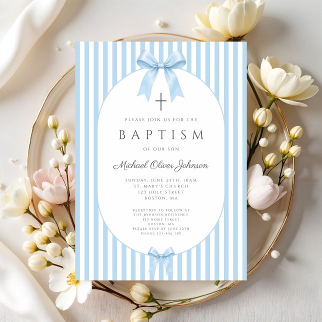 Elegant Coquette Blue Bow Boy Baptism Invitation (Elegant Coquette Blue Bow Boy Baptism Invitation)