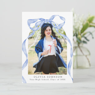 Elegant Coquette Blue Bow Photo Graduation Party Invitation