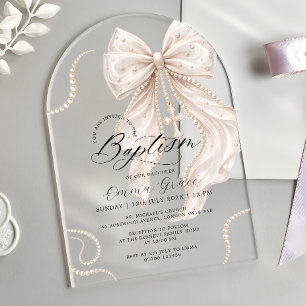 Elegant Coquette Bow with Pearls Luxury Baptism Acrylic Invitations