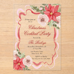 Elegant Coquette Floral Christmas Cocktail Party Acrylic Invitations