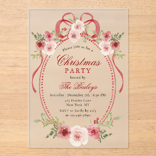 Elegant Coquette Floral Christmas Party Acrylic Invitations
