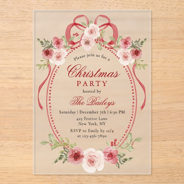 Elegant Coquette Floral Christmas Party Acrylic Invitations (Front)