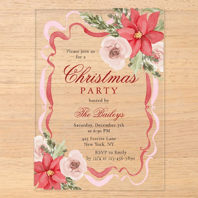 Elegant Coquette Floral Christmas Party Acrylic Invitations (Front)