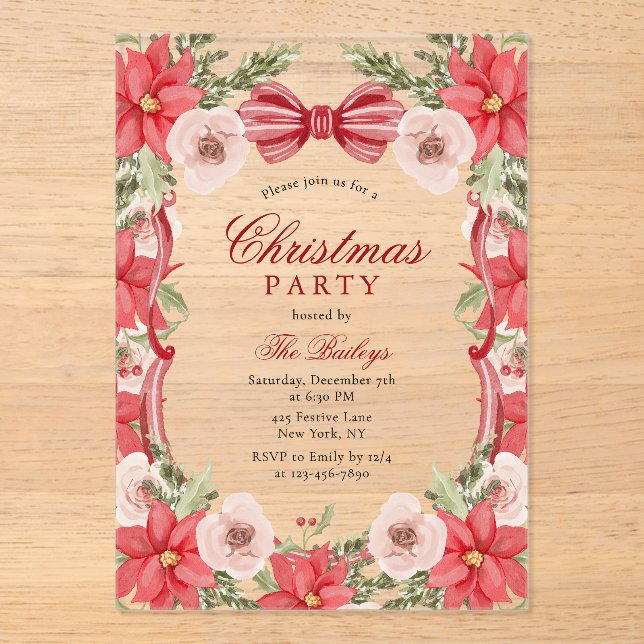 Elegant Coquette Floral Christmas Party Acrylic Invitations (Front)