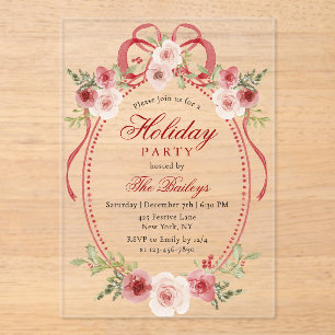 Elegant Coquette Floral Christmas Party Acrylic Invitations