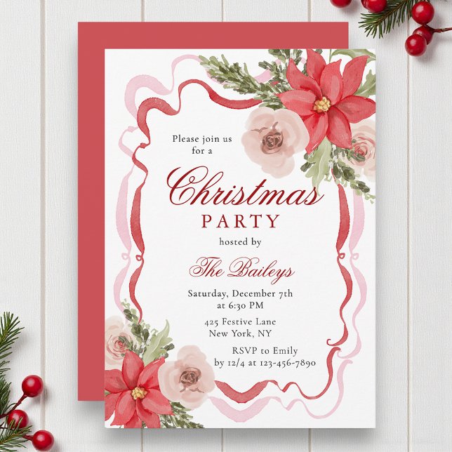 Elegant Coquette Floral Christmas Party Invitation (Creator Uploaded)