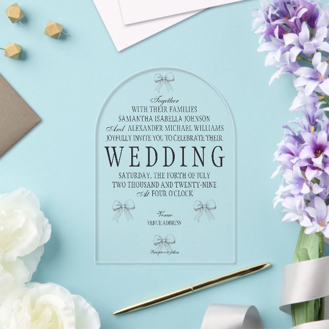 Elegant Coquette Hand Drawn Bows & Wedding Vows Acrylic Invitations (Insitu (Wedding))