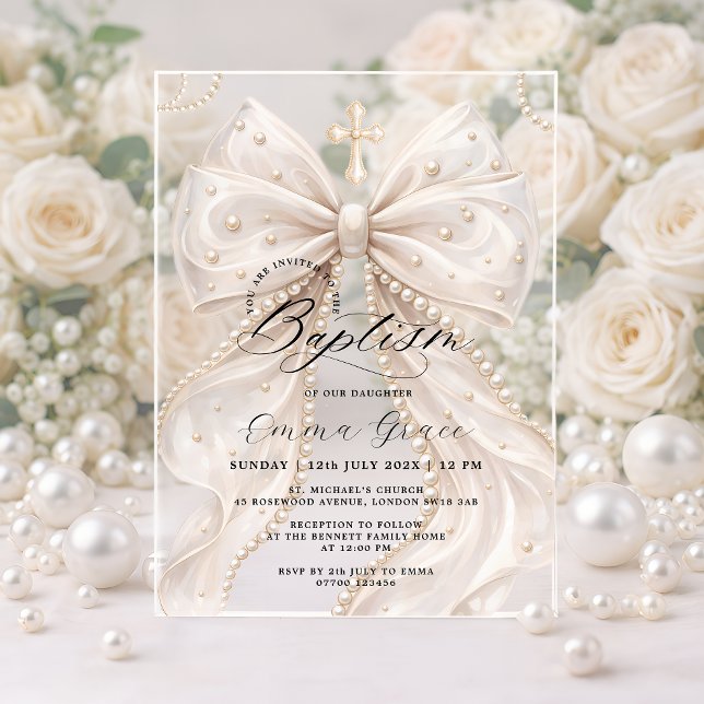 Elegant Coquette Pearl Bow Baptism Acrylic Invitations (Creator Uploaded)