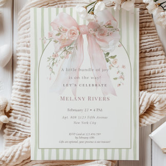 Elegant Coquette Pink Blush Roses Bow Baby Shower Invitation