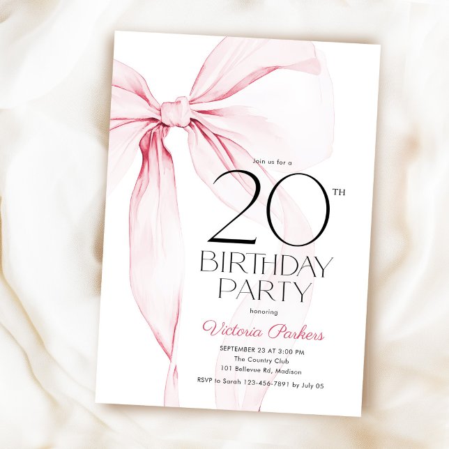 Elegant Coquette Pink Bow 20th Birthday Invitation (Creator Uploaded)