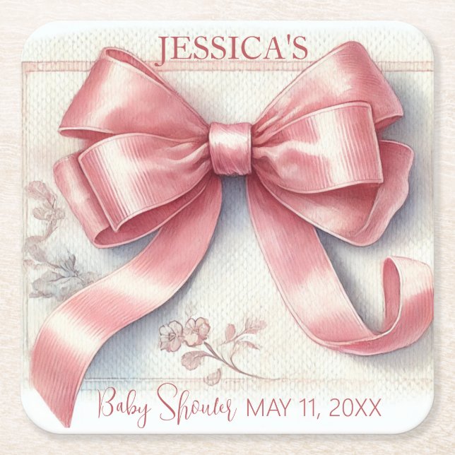 Elegant Coquette Pink Bow Baby Shower Girl Square Paper Coaster (Front)