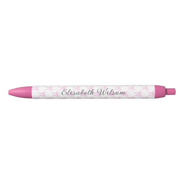 Elegant Coquette Pink Bow Script Name Monogram Black Ink Pen (Front)