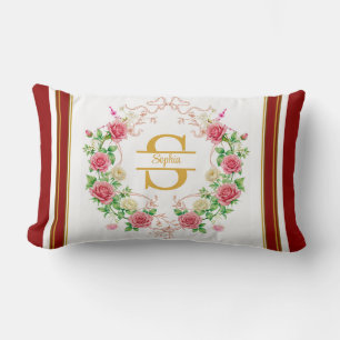 Elegant Coquette Pink Rose Floral Garland Monogram Lumbar Pillow