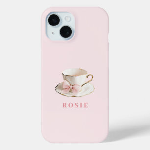 Elegant Coquette Preppy Pink Teacup with Bow iPhone 15 Case