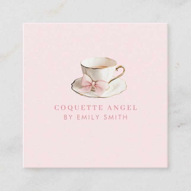 Elegant Coquette Preppy Pink Teacup with Bow Square Business Card (Front)