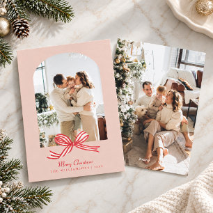 Elegant Coquette Red Bow Arch Photo Pink Christmas Holiday Card