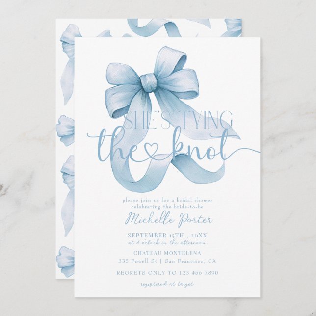 Elegant Coquette Ribbon Bow Blue Bridal Shower Invitation (Front/Back)