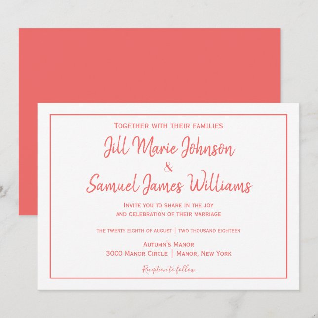Elégant corail et blanc Elegance Invitation (Devant / Derrière)