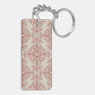 Elegant Coral and Antique White Damask Pattern Keychain