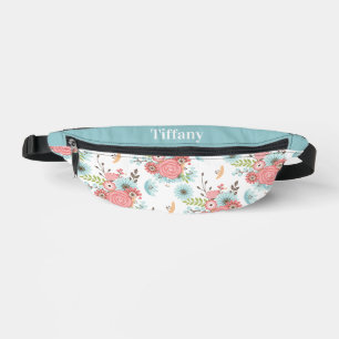 Elegant Coral and Blue Floral Pattern Personalized Fanny Pack