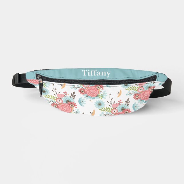 Elegant Coral and Blue Floral Pattern Personalized Fanny Pack (Front)