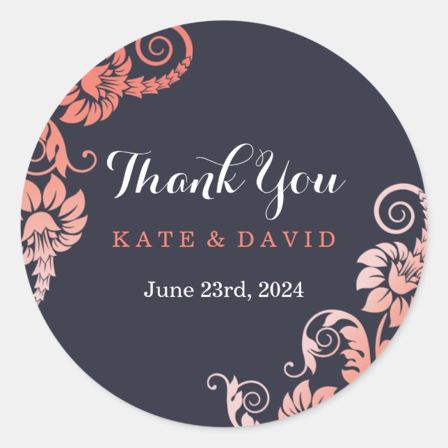 Elegant Coral and Blue Thank You Stickers (Front)