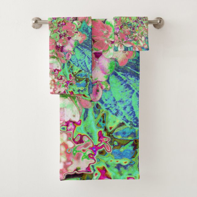 Elegant Coral and Chartreuse Limelight Hydrangea Bath Towel Set (Insitu)