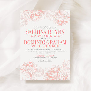 Elegant Coral and Grey Floral Peony Wedding Invitation